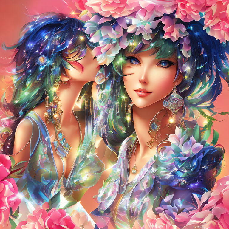 Colorful illustration of mirrored female figures with blue-green hair, flowers, jewels, and elegant drap