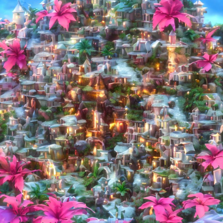 Fantastical multilevel village on rocky hillside with warm lights, pink flowers.