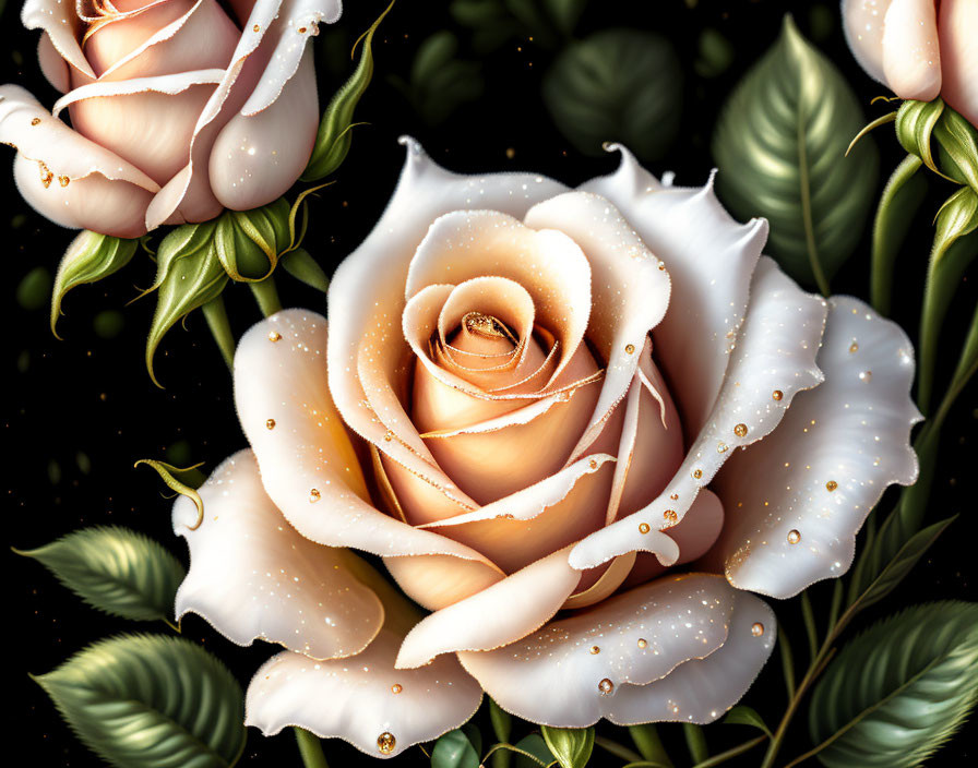 Close-up of delicate peach rose with water droplets surrounded by white roses on dark background.