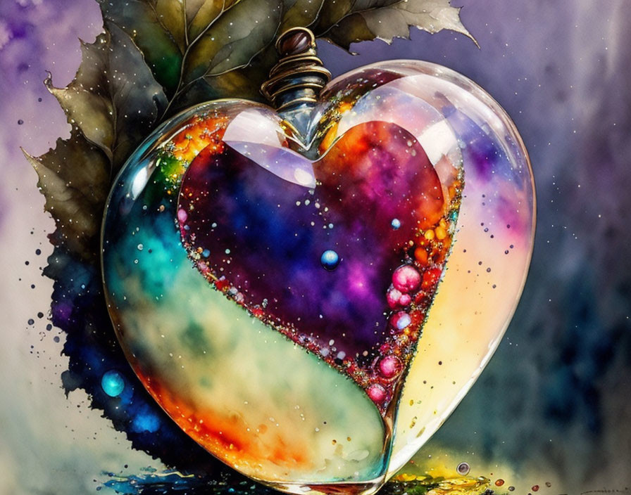 Colorful Watercolor Painting of Heart-shaped Galaxy Pendant Amid Multicolored Leaves