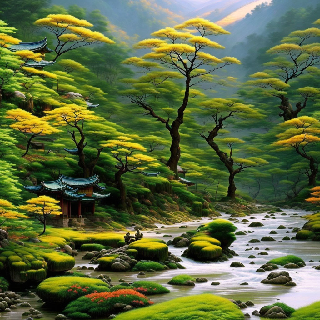 Vibrant forest scene with stream, mossy stones, and East Asian pagoda