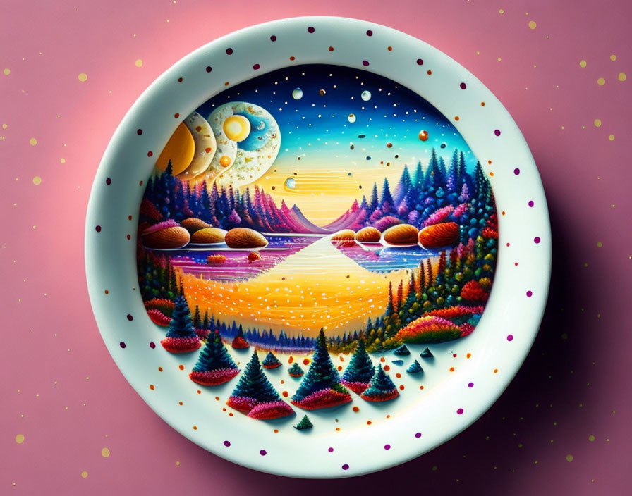 Colorful Plate Illustration of Whimsical Moonlit Landscape