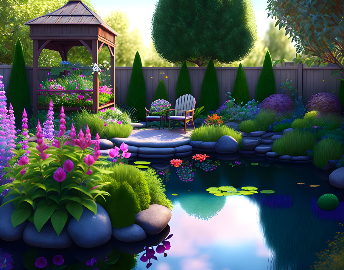 Tranquil garden with pond, flowers, gazebo, and bench