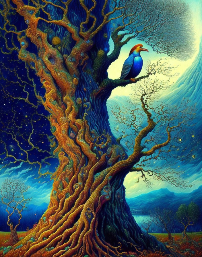 Vibrant painting of large tree with bird under starry sky