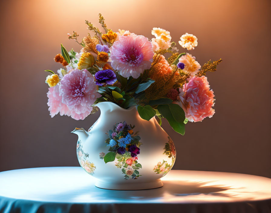 Colorful Flower Bouquet in Floral Vase on Two-Tone Background