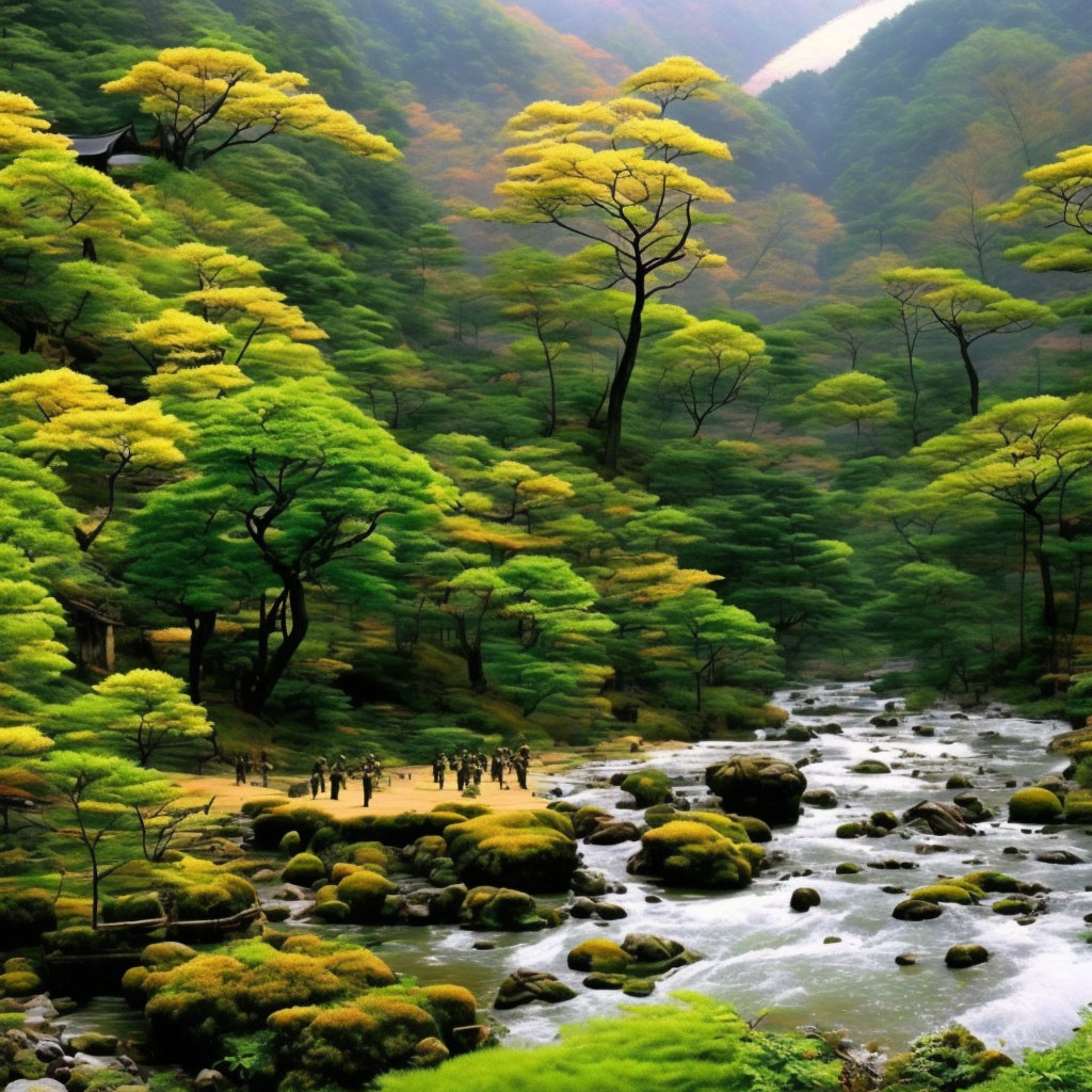 Tranquil river in lush forest with vibrant foliage