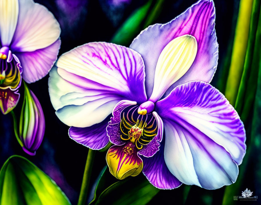 Detailed close-up of purple and white orchid with yellow center on dark green background