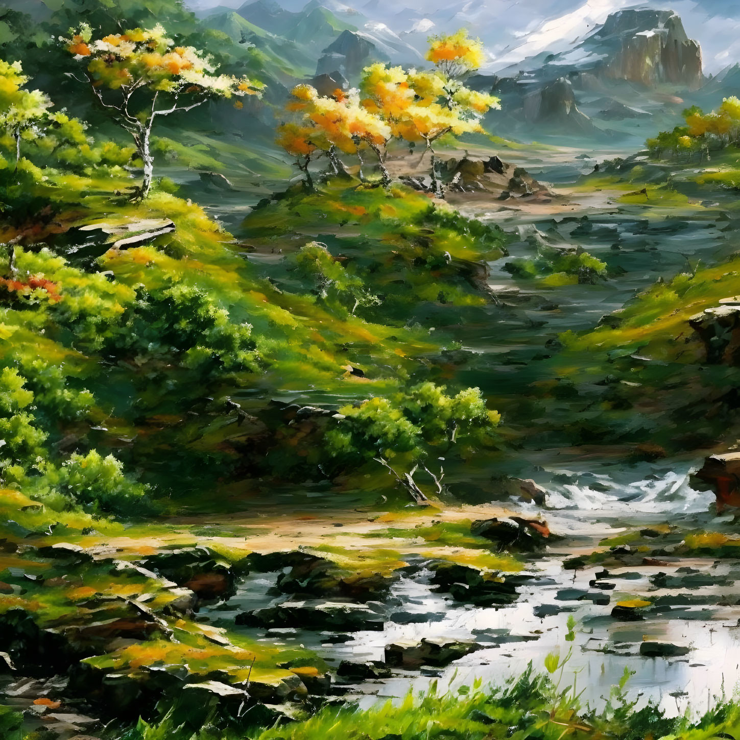 Vibrant oil painting of lush landscape with river, colorful trees, and mountains under bright sky