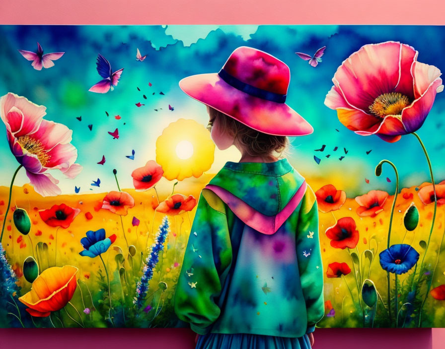 Child in Colorful Hat Stands in Flower Field at Sunset