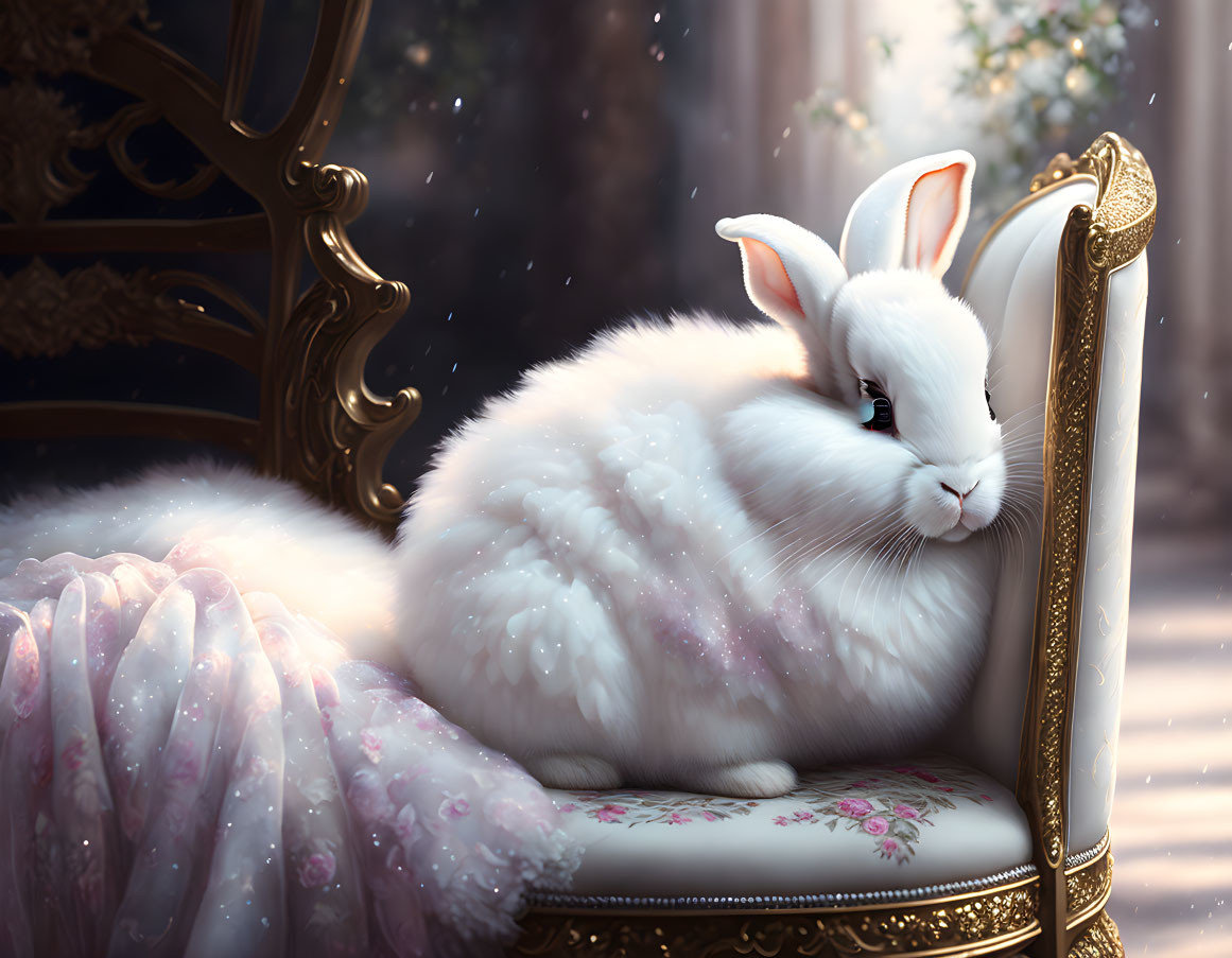 White Rabbit with Pink Ears on Ornate Chair Near Window