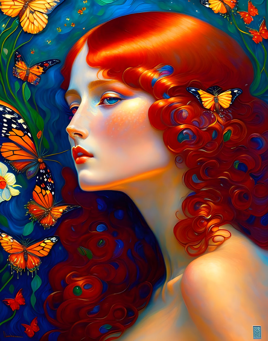 Colorful painting of woman with red curly hair and butterflies on blue background.