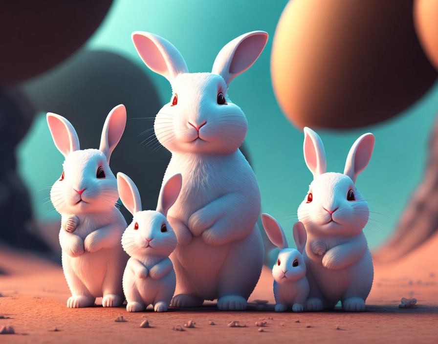 Stylized rabbits in different sizes on sandy terrain with surreal spheres