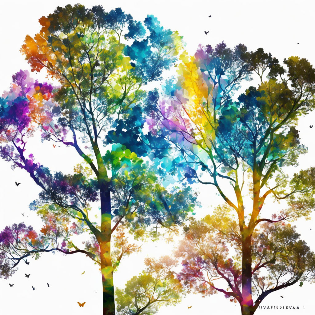 Vibrant Rainbow Tree Silhouettes with Blending Bird Motif