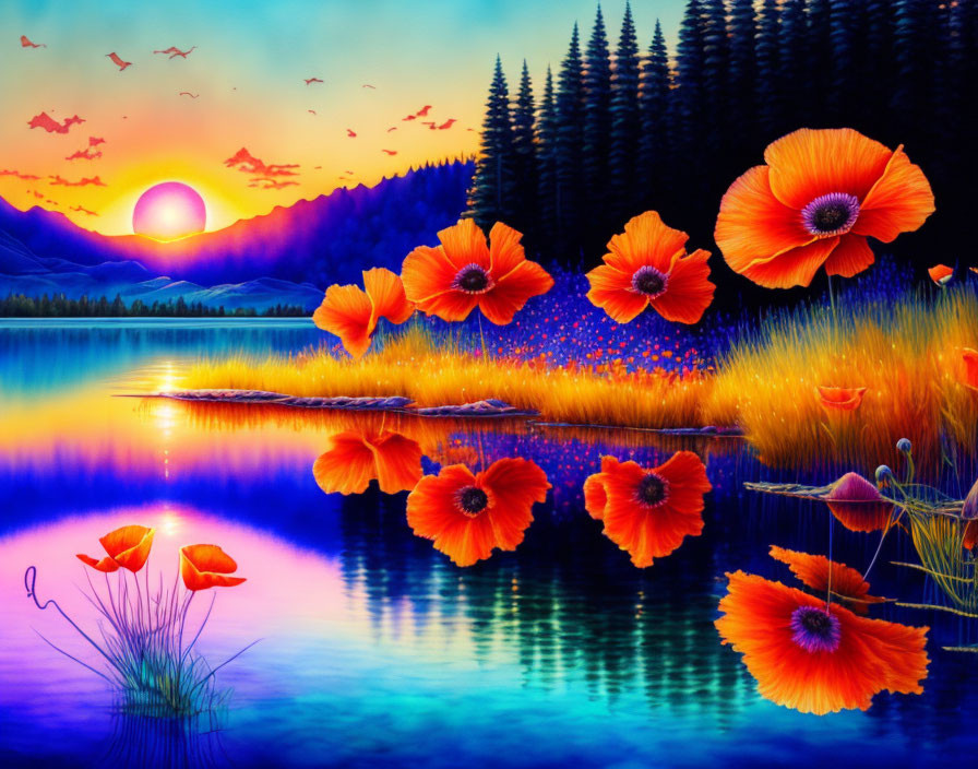 Scenic sunset lake with red poppies and pine trees