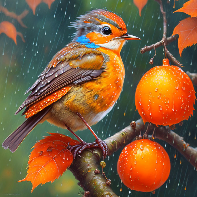 Colorful Bird Perched on Branch with Berries and Raindrops