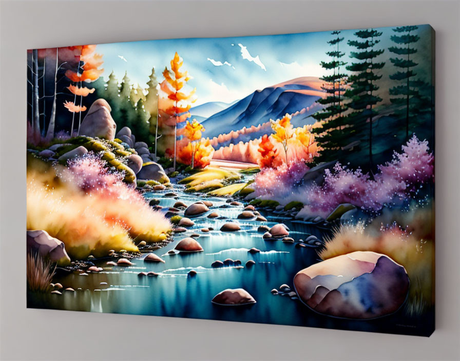 Colorful autumnal scene with trees, stream, hills, and starry sky