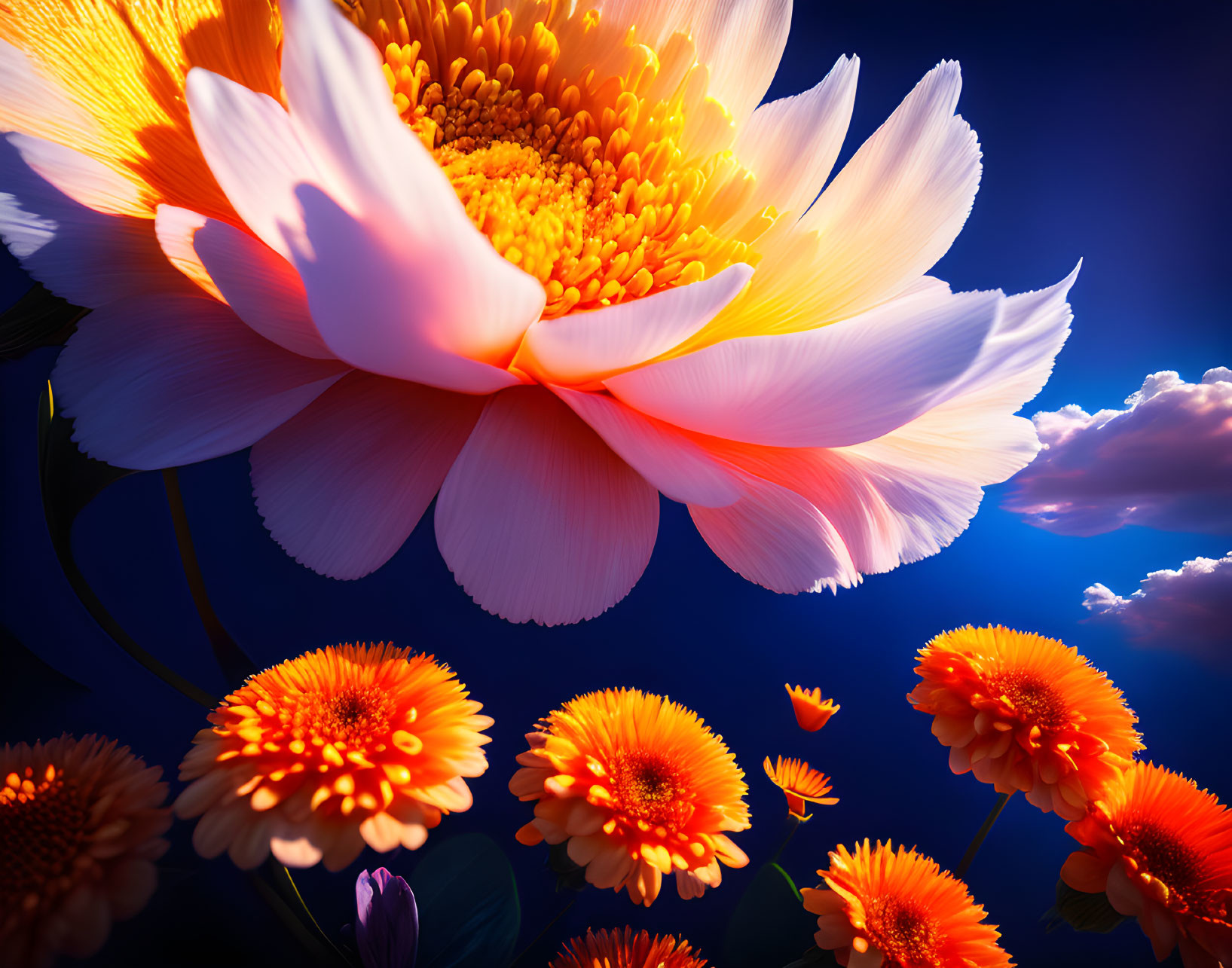 Close-up of Orange and White Flowers Against Deep Blue Sky