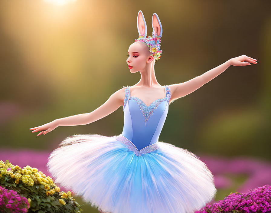 Ballerina with rabbit ears in blue tutu among flowers