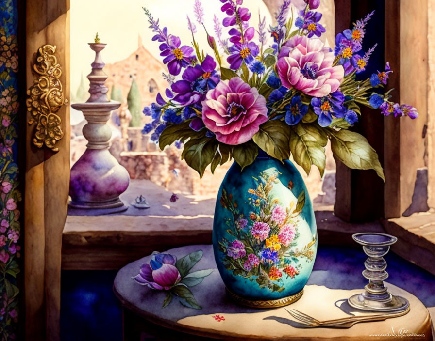 Colorful flower bouquet in blue vase by window with rural view