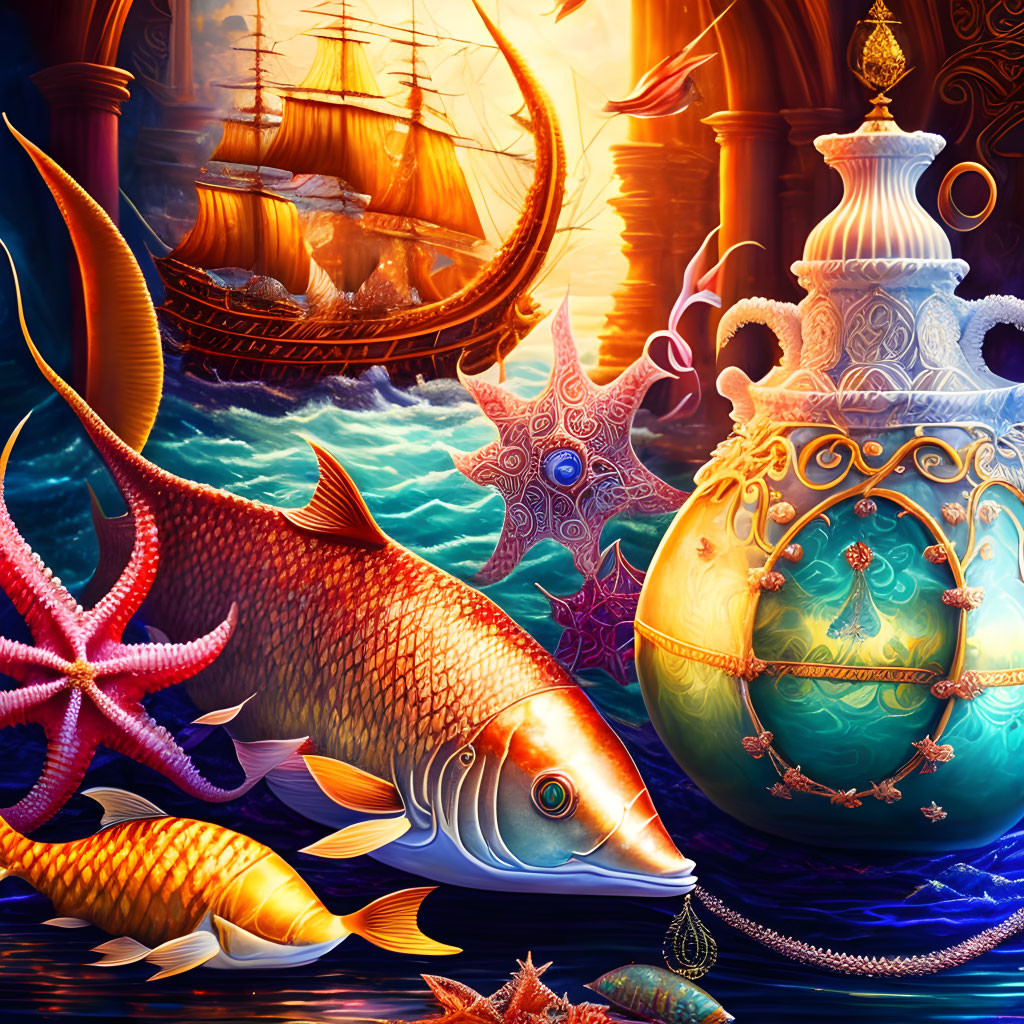 Detailed Fantasy Scene: Large Fish, Colorful Starfish, Ornate City with Golden Domes,