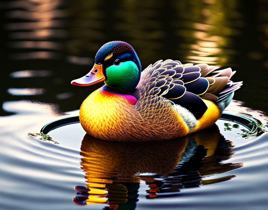 Colorful Duck with Blue-Green Head and Orange Body Reflecting in Water