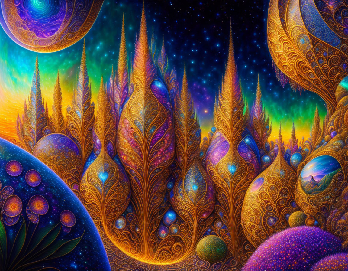 Colorful Psychedelic Landscape with Feather-Like Trees and Starry Sky