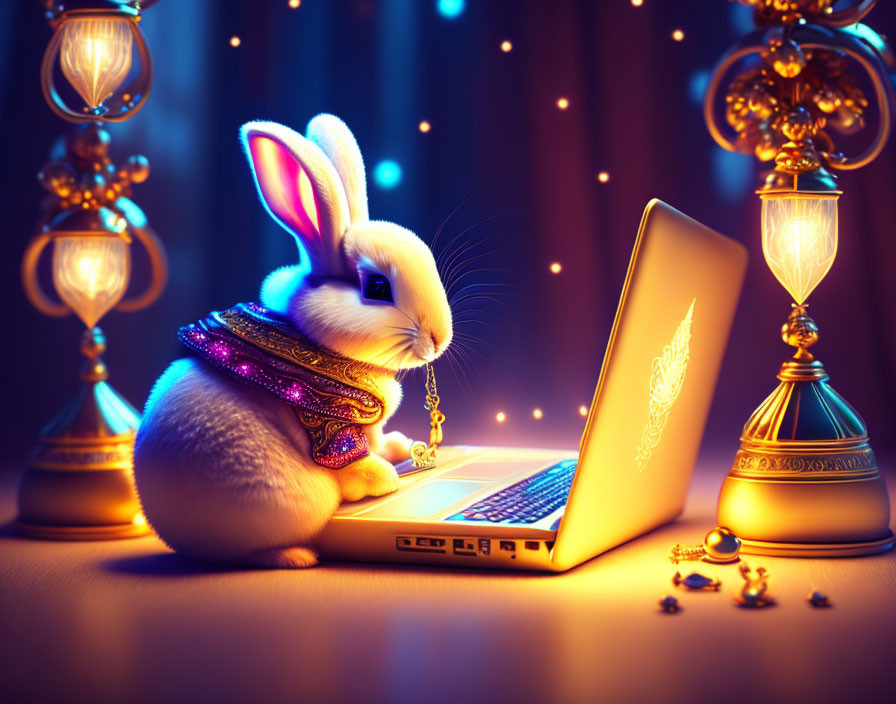 Rabbit in scarf using laptop in ornate lamp-lit scene