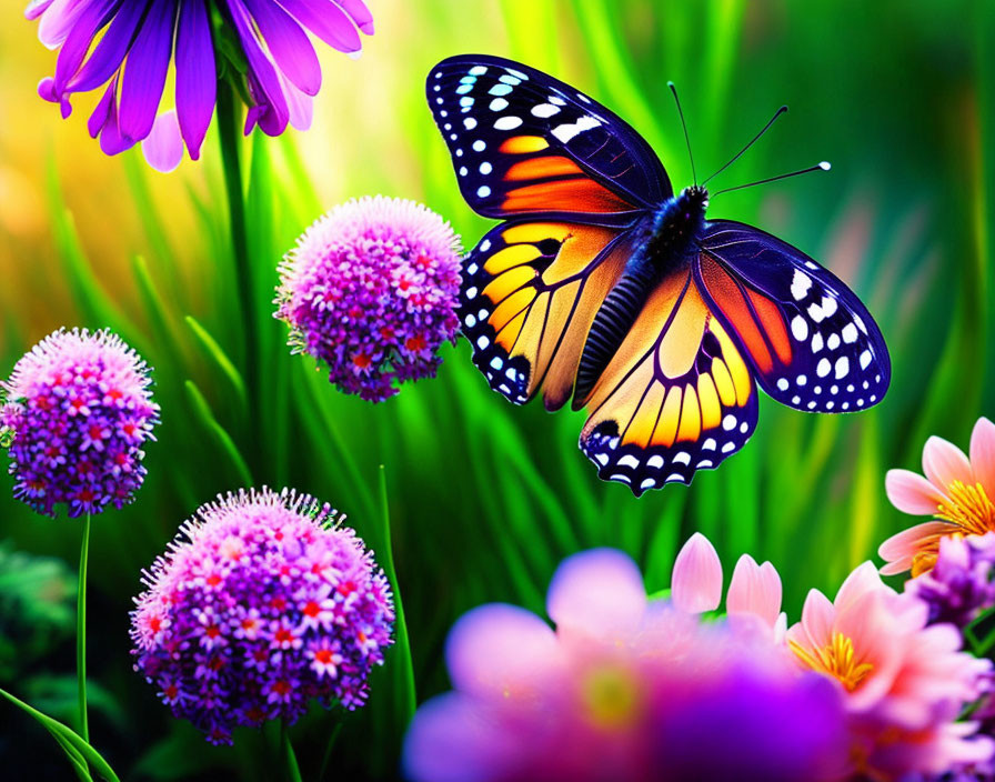 Colorful Monarch Butterfly on Purple and Pink Flowers with Green Background