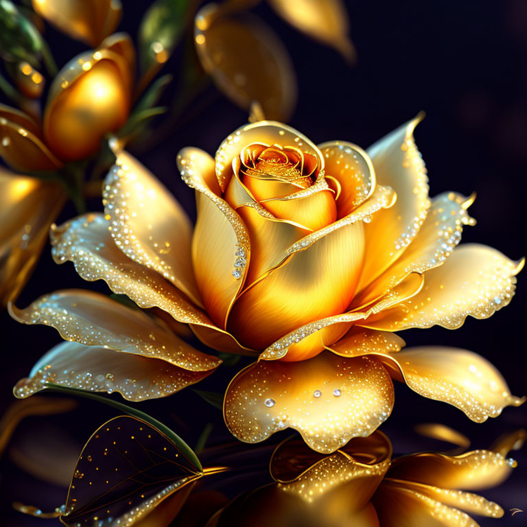 Golden rose with dewdrops on dark background and golden leaves