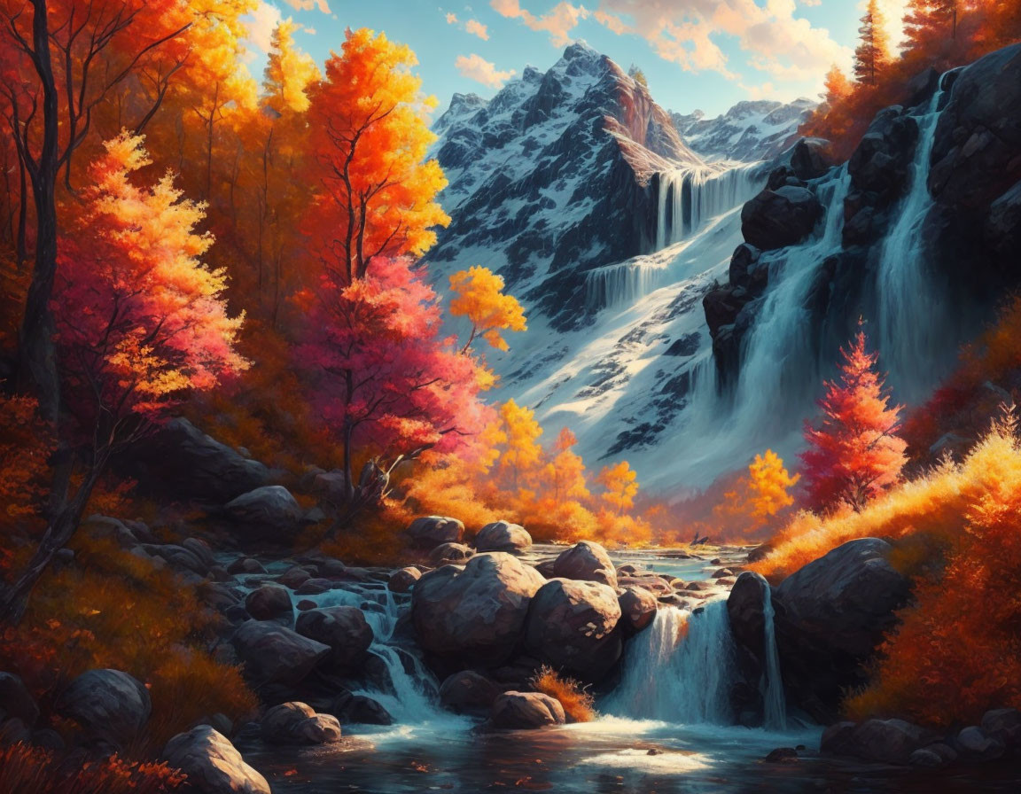 Colorful autumn waterfall surrounded by vibrant trees and a serene stream under blue sky