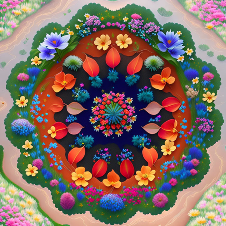 Symmetrical floral mandala digital art with vibrant colors and textures