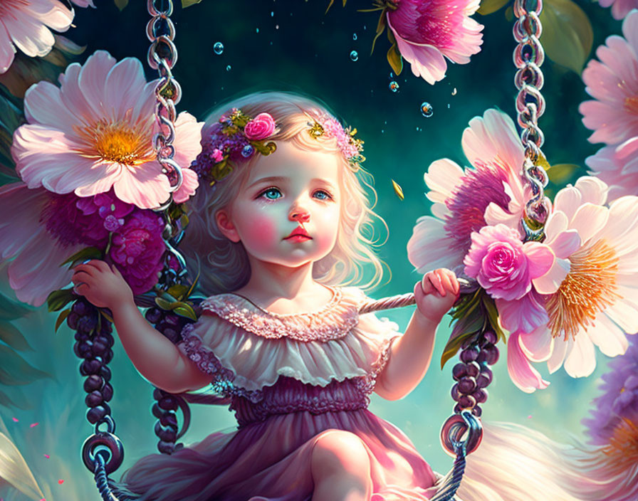 Young girl with floral crown on swing surrounded by floating light bubbles