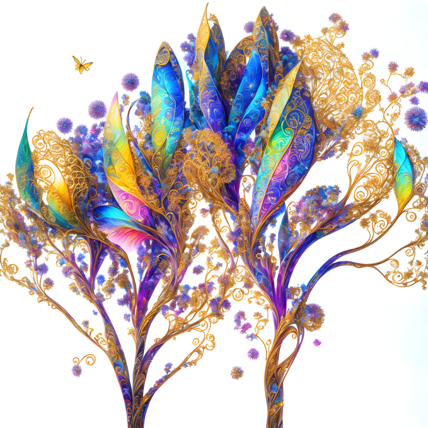 Colorful digital artwork: Ornate trees, rainbow leaves, gold filigree, butterflies