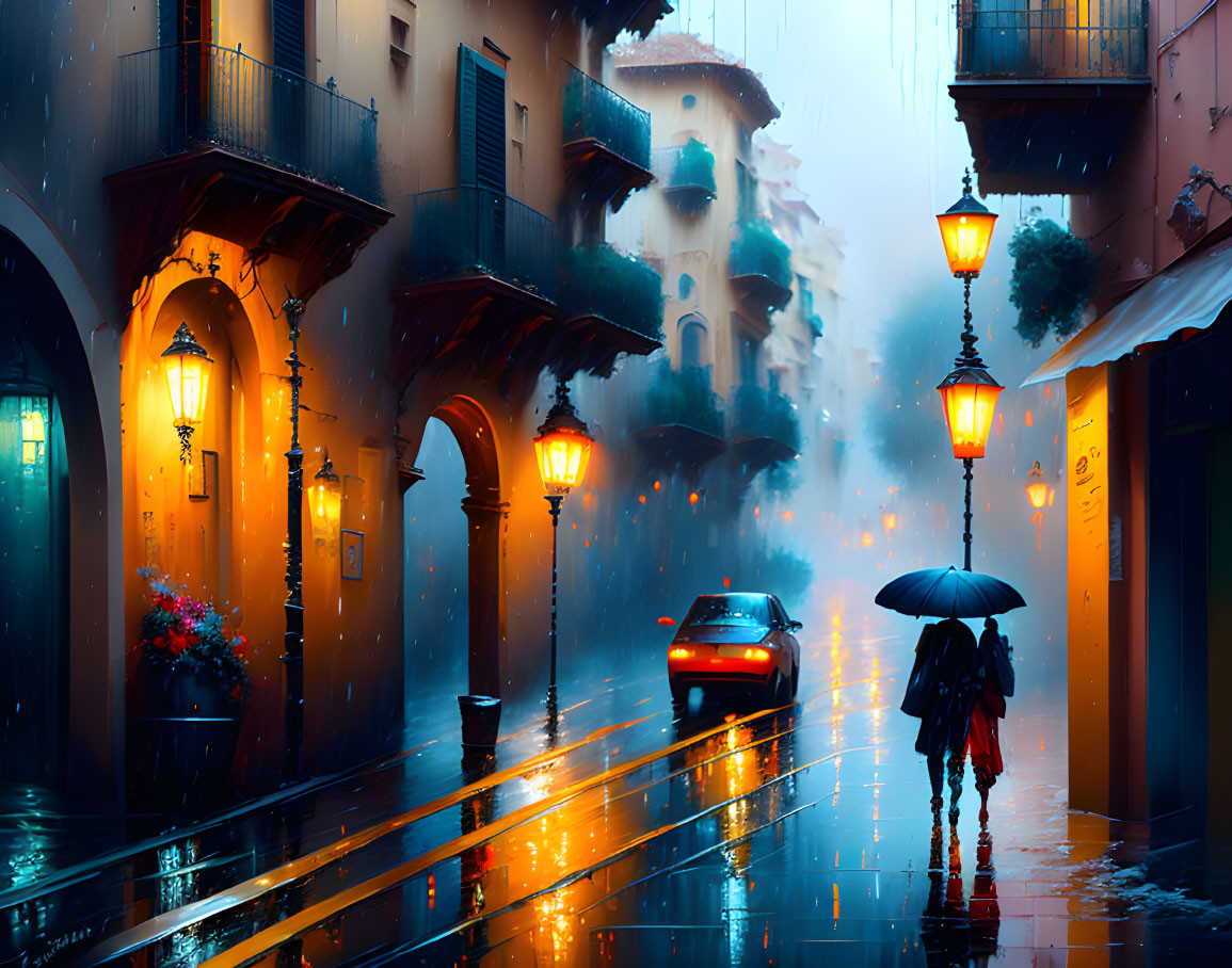 Vintage buildings and streetlamps on rain-soaked street at twilight with people sharing umbrella