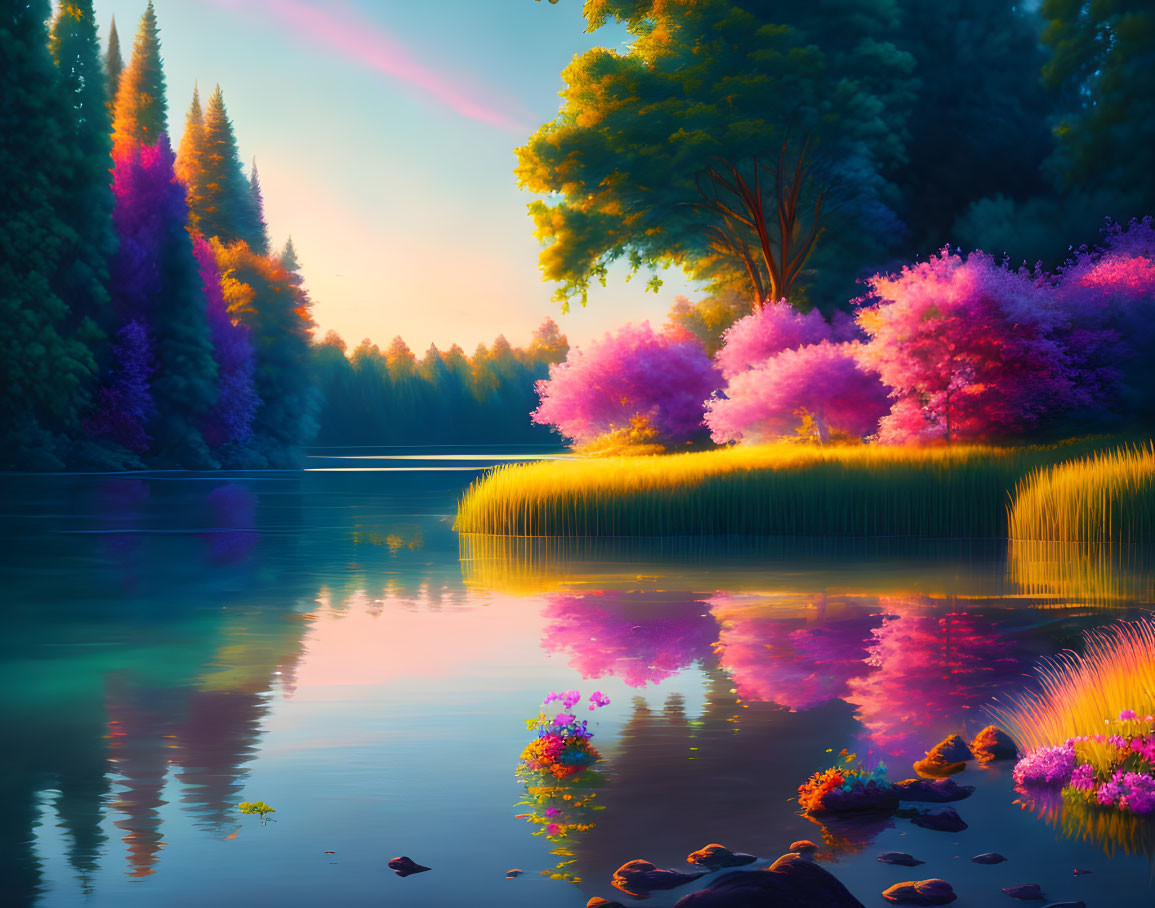 Tranquil Sunset Lake with Vibrant Foliage and Pink Sky