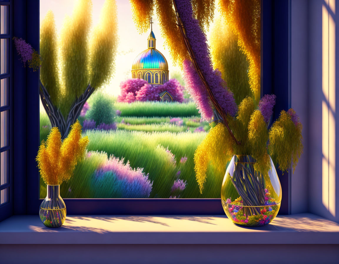 Colorful Window View: Domed Building, Trees, Flowers, and Vase