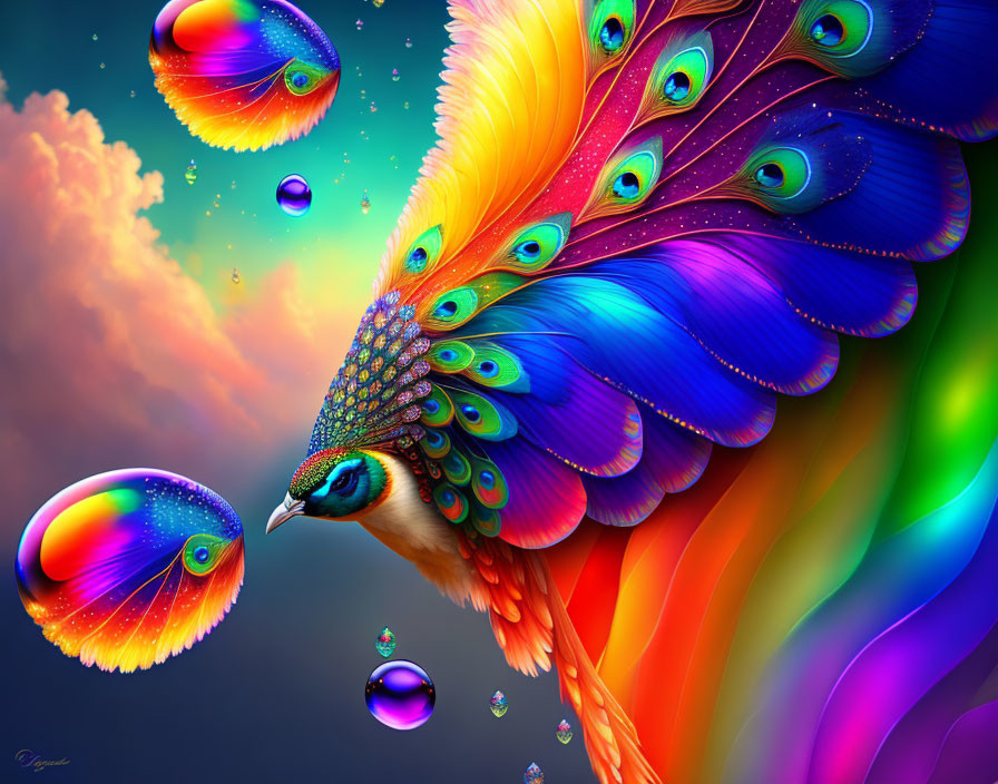 Colorful digital artwork: Peacock with vibrant plumes and iridescent bubbles