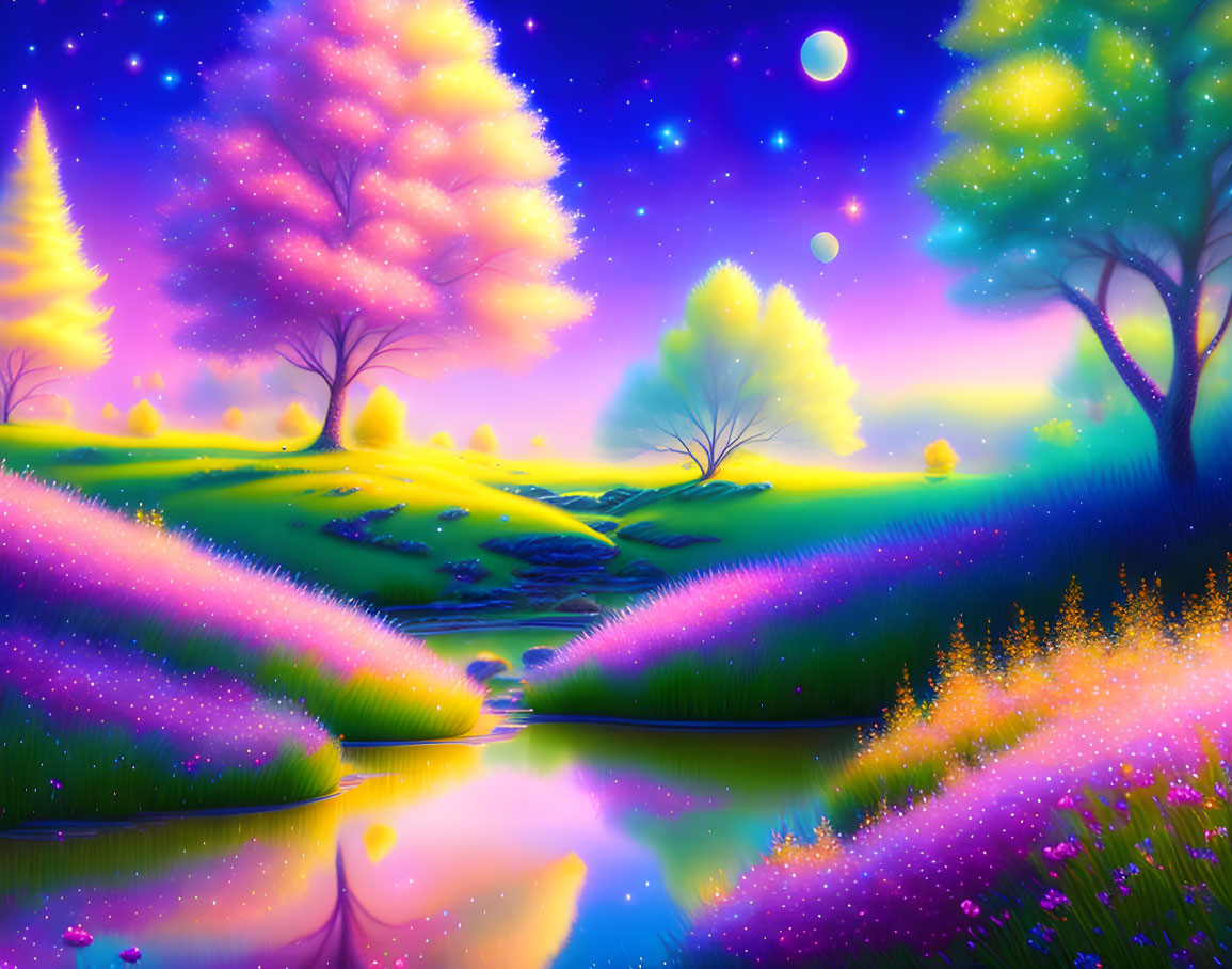 Colorful Trees, Starry Sky, Two Moons, Reflective River, Flowering Meadows