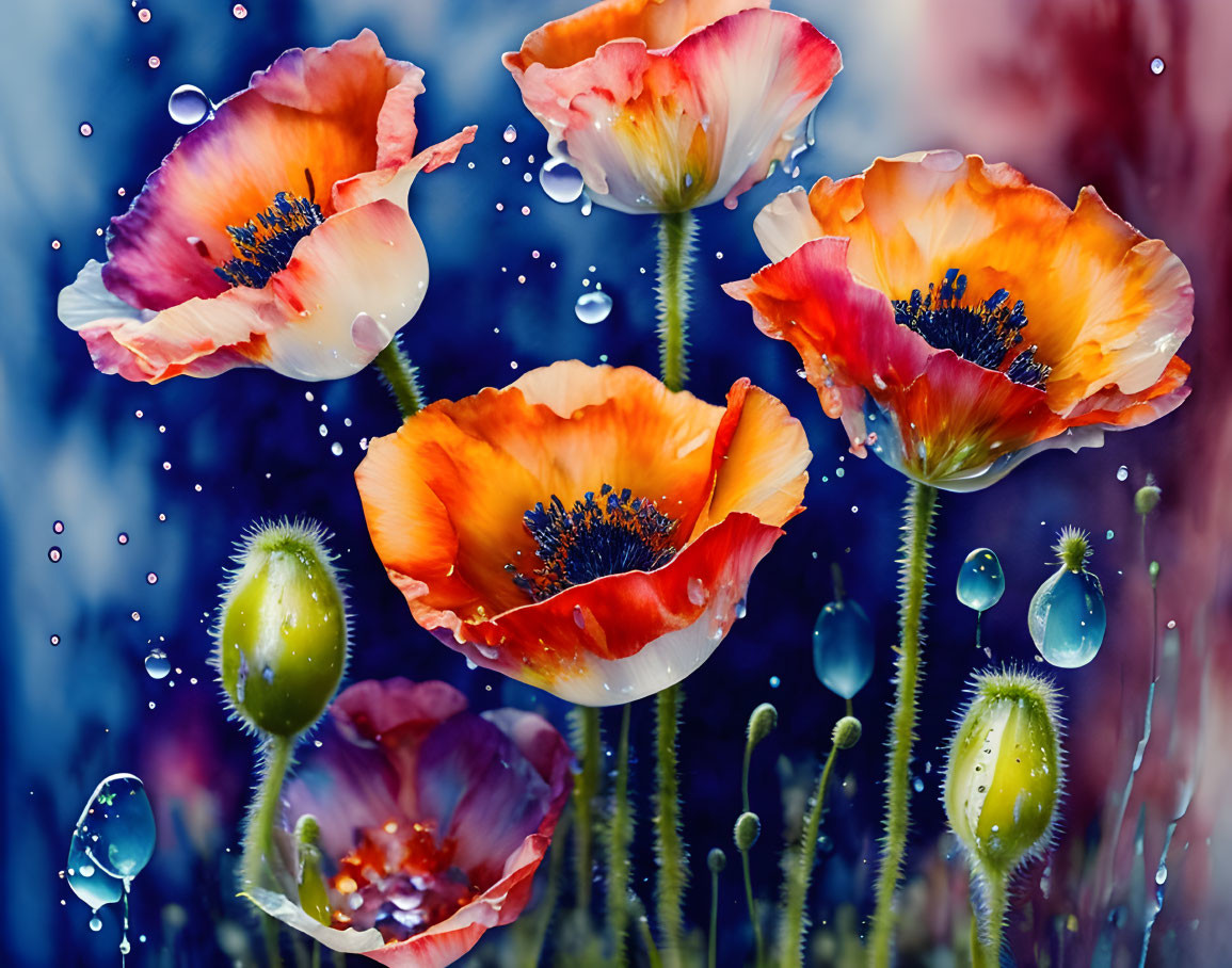 Colorful poppies with dewdrops on blurred background.