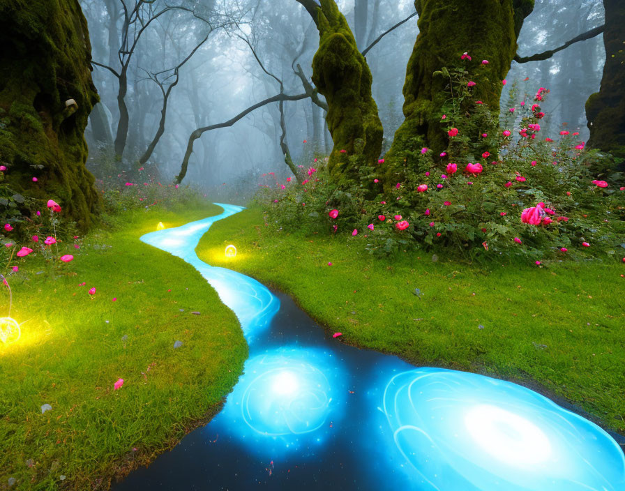 Enchanting forest pathway with glowing blue lights, green trees, moss, and pink flowers.