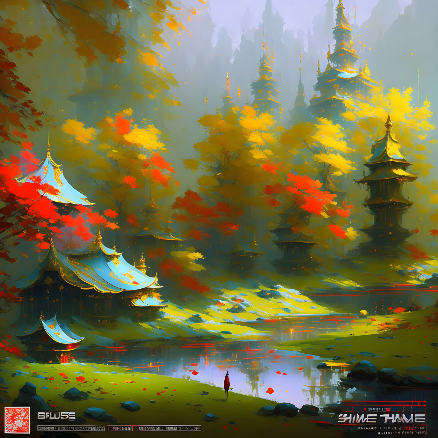 Autumn landscape with Asian pagodas, colorful trees, pond reflection, and solitary figure