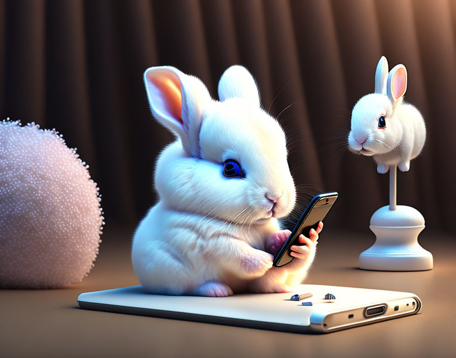 White bunny using smartphone with tiny bunny nearby on wooden surface.