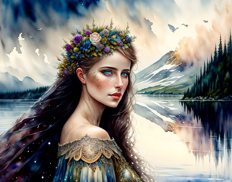 Digital artwork: Woman with floral crown by mystical mountain lake