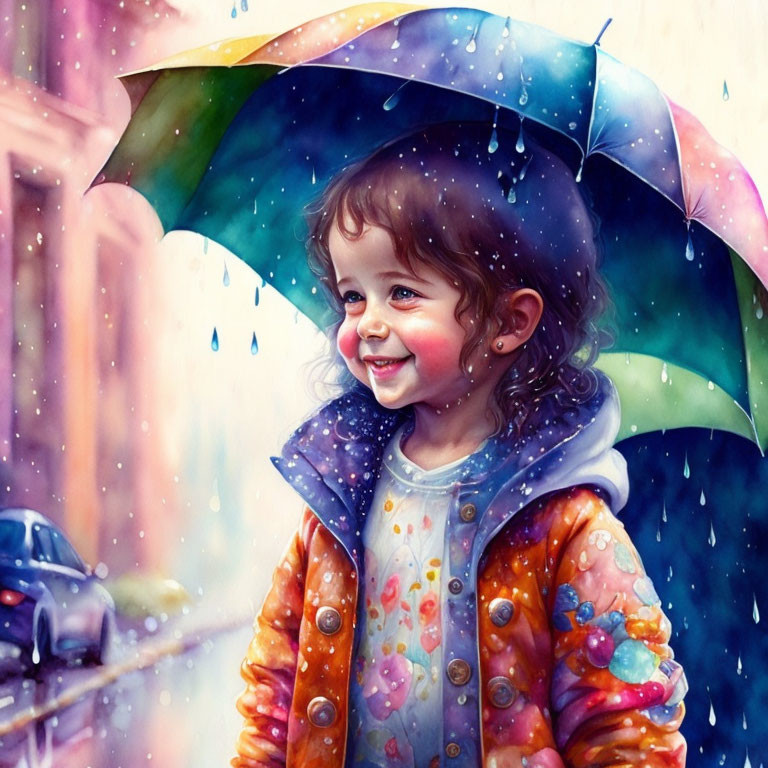 Young girl with curly hair holding colorful umbrella in raindrops