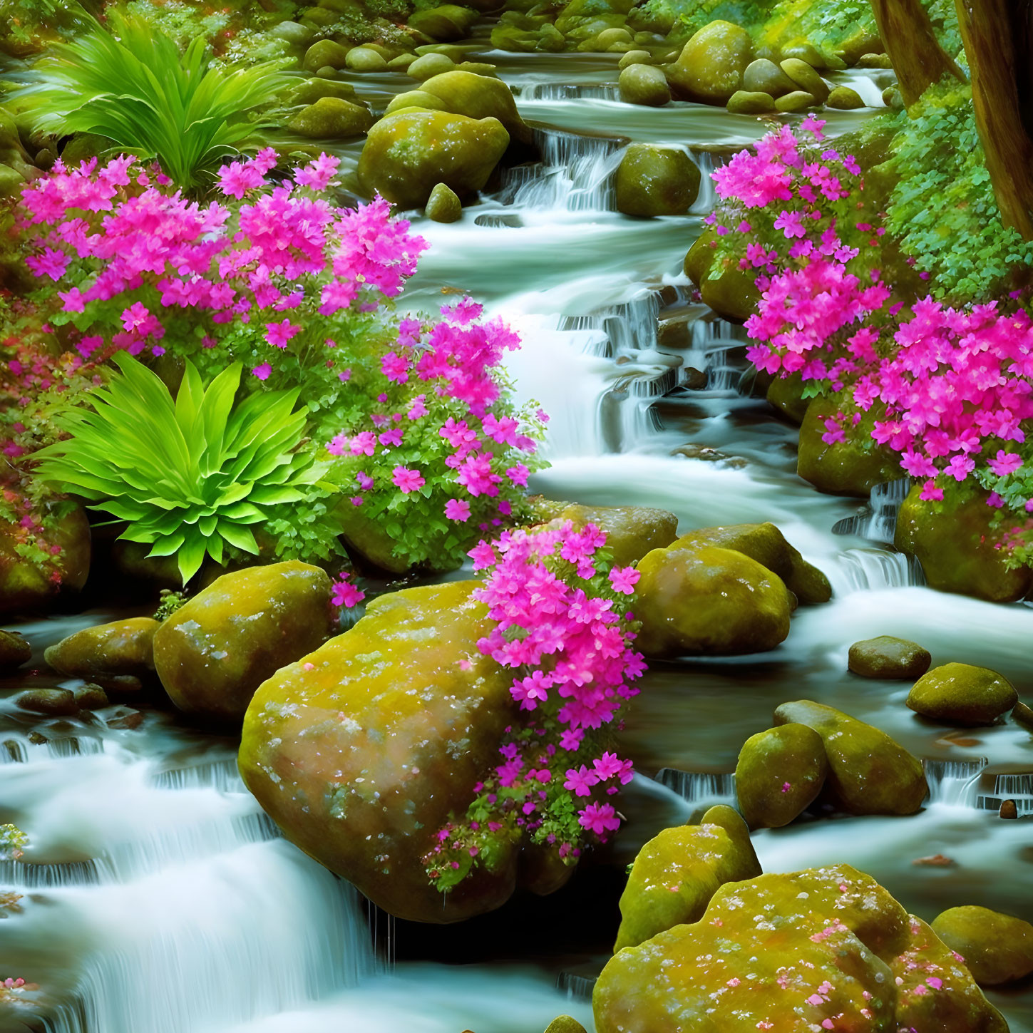 Lush forest landscape with waterfall, moss-covered rocks, and pink flowers