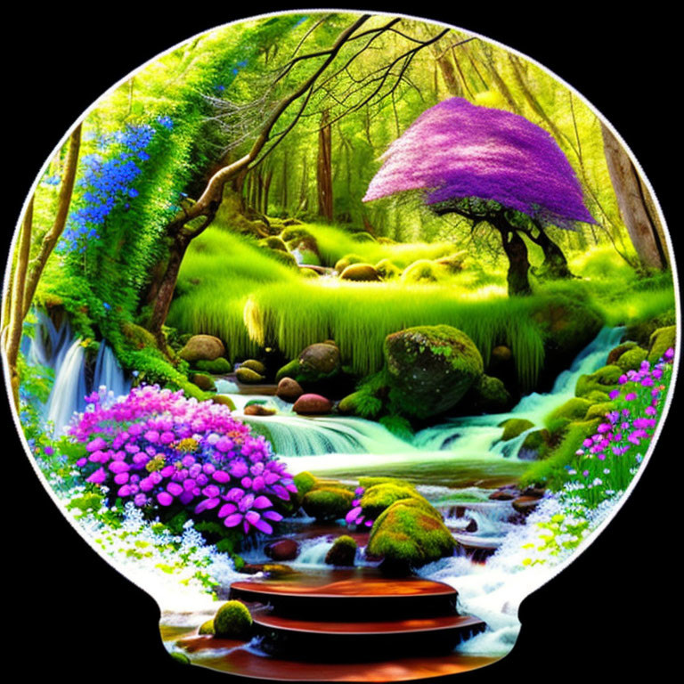 Circular-framed image of lush green forest with waterfall, flowers, mossy stones, and purple tree