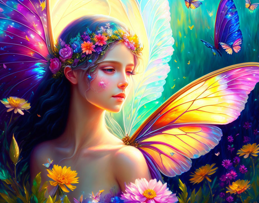 Vibrant fairy illustration with butterfly wings in floral setting