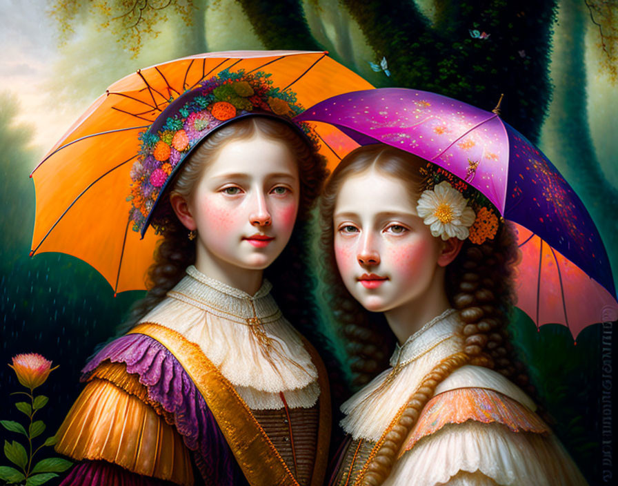 Two girls with decorative floral umbrellas in warm, rich colors