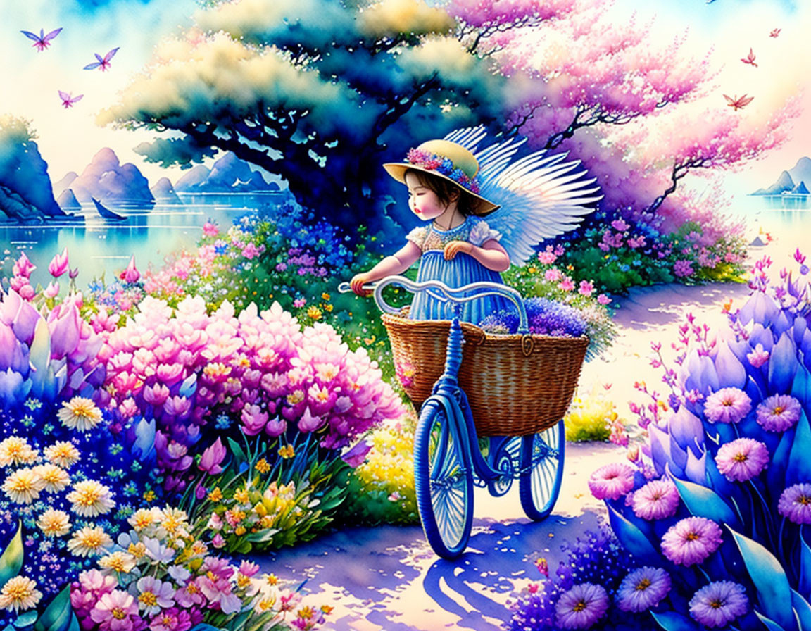 Girl in hat on tricycle surrounded by colorful flowers, butterflies, and mountains at twilight