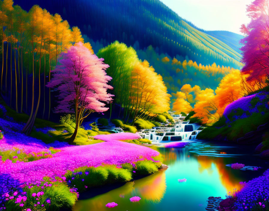 Colorful Landscape with Waterfall, Stream, and Flora